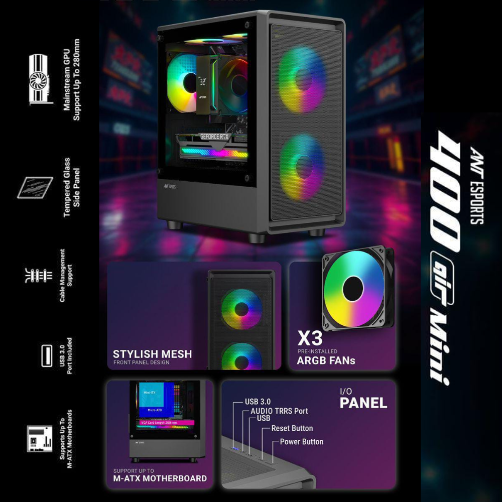 Ant Esports Mini Tower Cabinet (Micro-ATX, Mini-ITX) 400 Air Mini